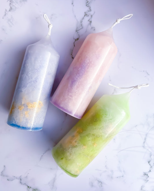 Ebru Pillar Candle - Blue/Aqua